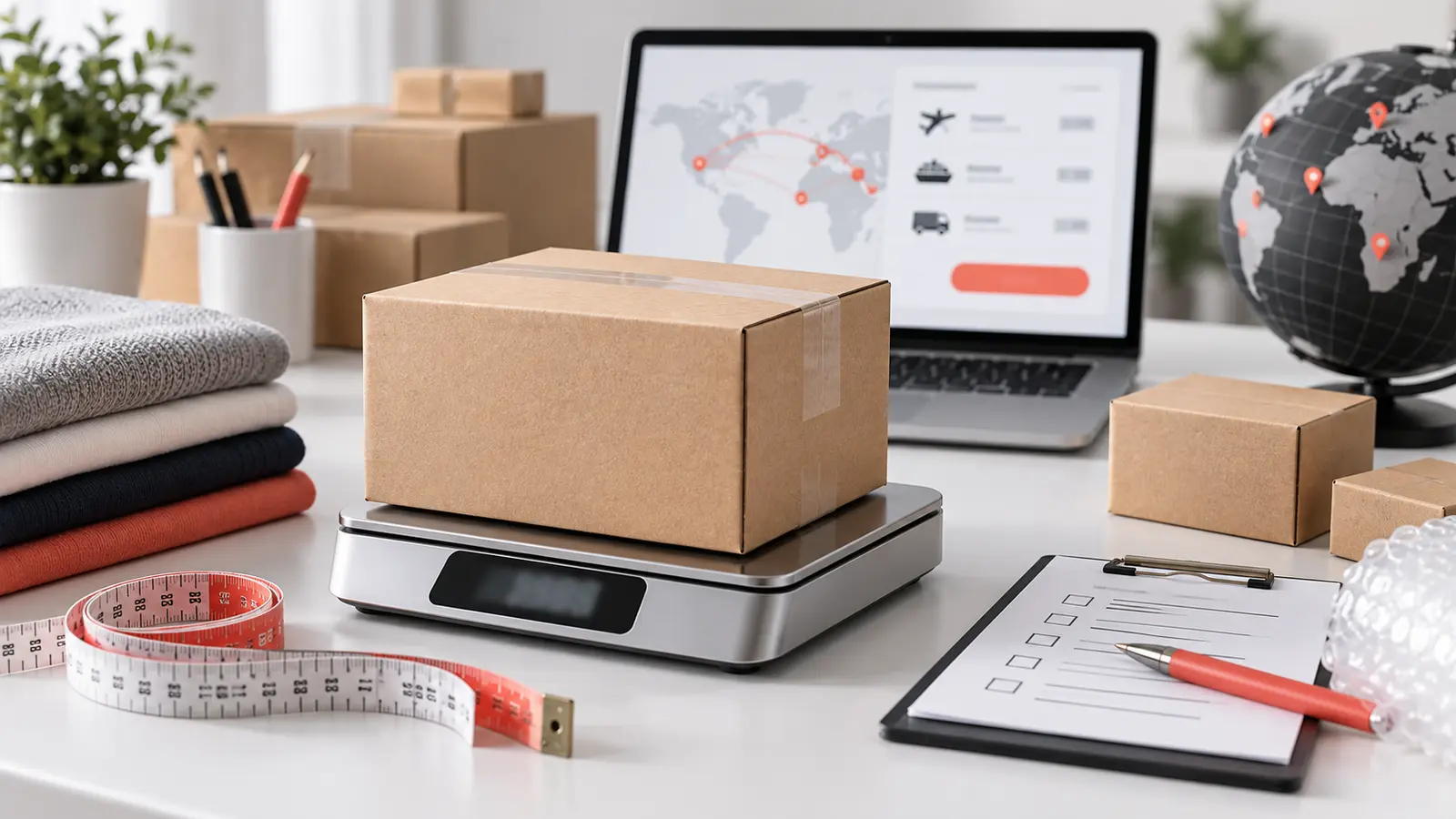 Parcel on a digital scale with measuring tape for international shipping planning